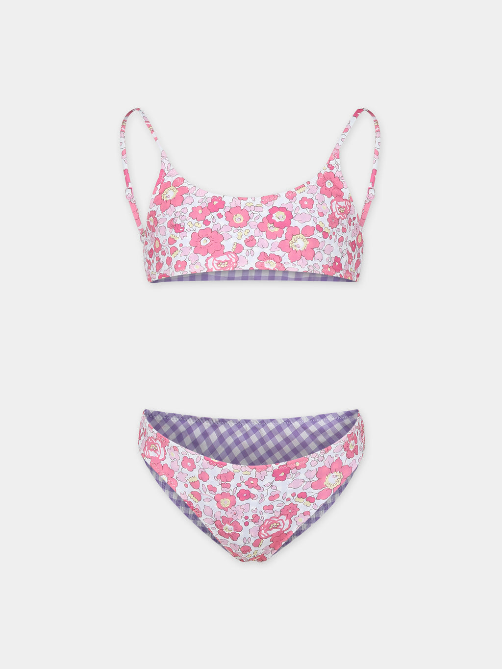 Reversible pink bikini for girl with flowers print